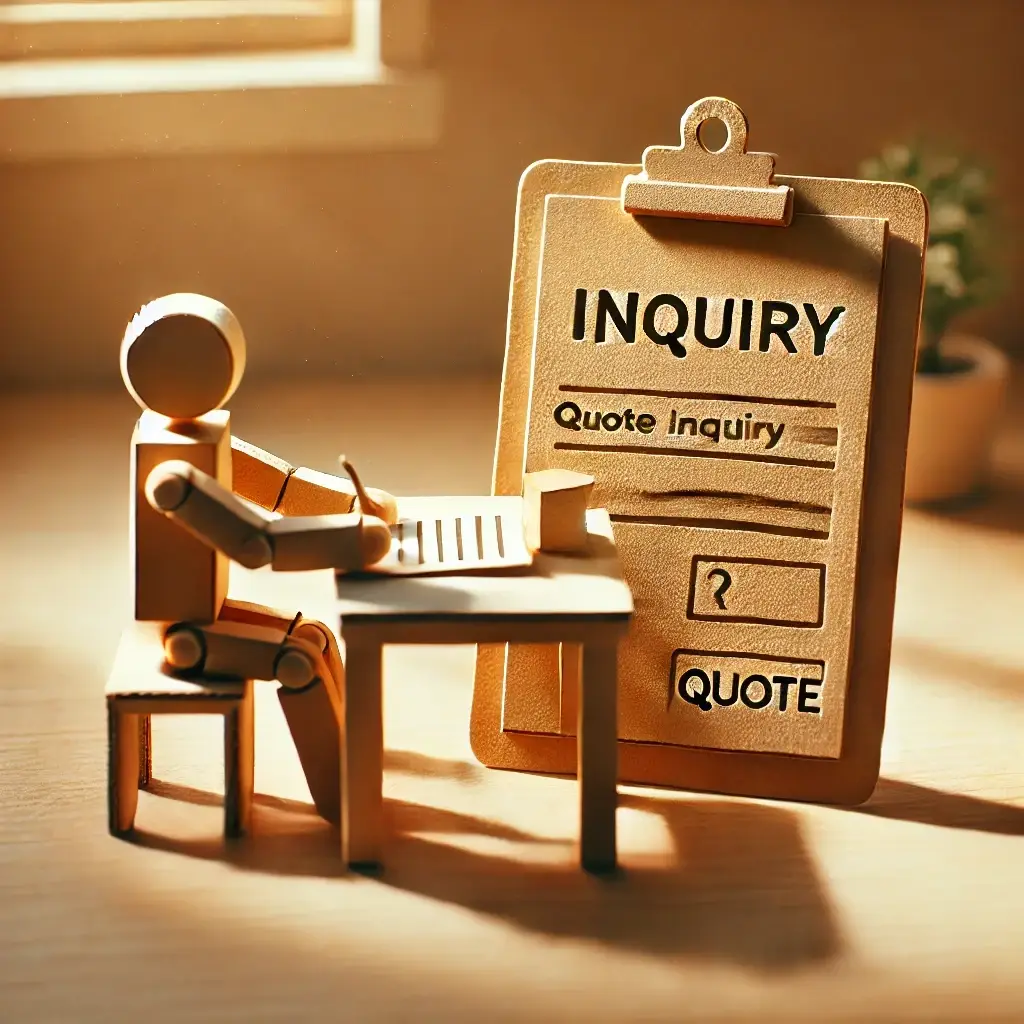 A cardboard person sitting at a small desk, filling out a form labeled 'QUOTE,' symbolizing an insurance quote request in a warm, handcrafted aesthetic.